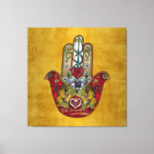 Ruby Pomegranate Heart Red Bird Hamsa Canvas Print