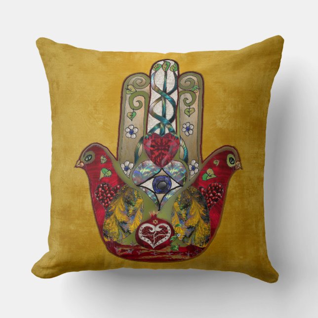 Ruby Pomegranate Heart Red Bird Hamsa Cushion (Front)