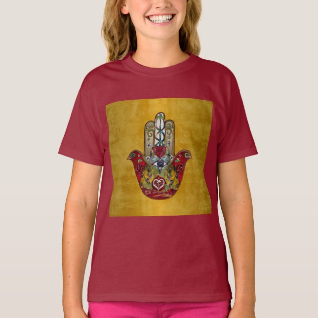 Ruby Pomegranate Heart Red Bird Hamsa T-Shirt (Front)