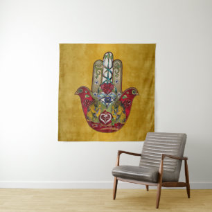 Ruby Pomegranate Heart Red Bird Hamsa Tapestry