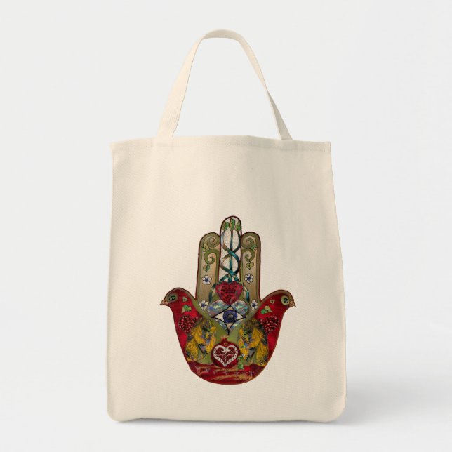 Ruby Pomegranate Heart Red Bird Hamsa Tote Bag (Front)