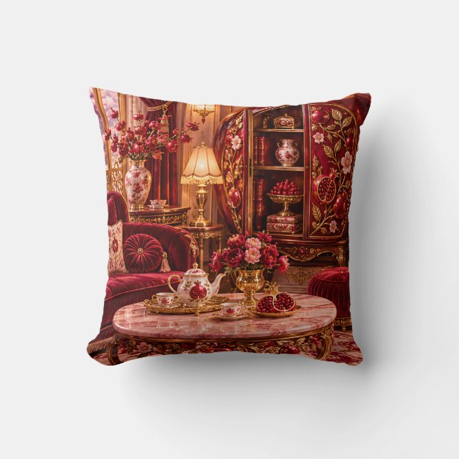 Ruby Pomegranate Velvet Tea Salon Cushion (Front)