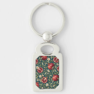 Ruby Pomegranates and Cream Blossoms on Teal Key Ring