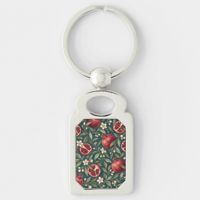 Ruby Pomegranates and Cream Blossoms on Teal Key Ring (Front)