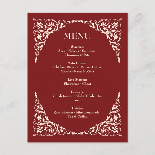 Ruby Radiance Deep Red and Cream Wedding Menu  (Front)