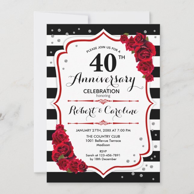 Ruby Red 40th Anniversary - Black White Stripes Invitation (Front)