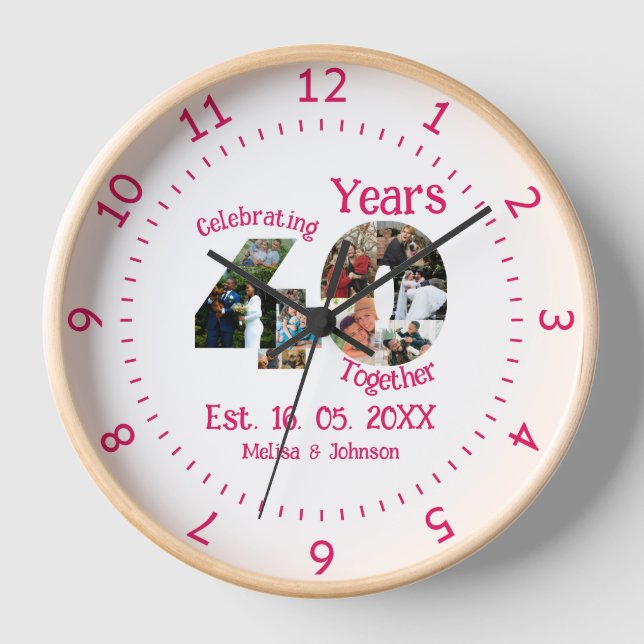 Ruby Red 40th Wedding Anniversary 11 Photo Collage Clock (Front)