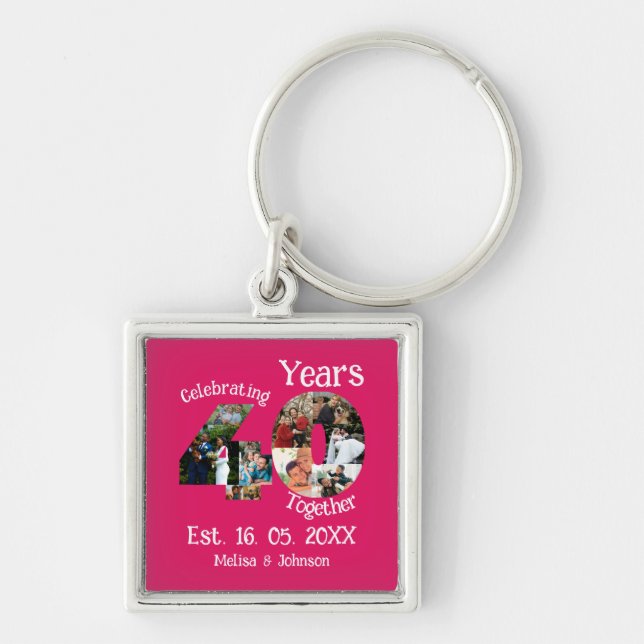 Ruby Red 40th Wedding Anniversary 11 Photo Collage Key Ring (Front)