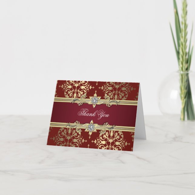 Ruby Red and Gold Damask Thank You Cards (Front)