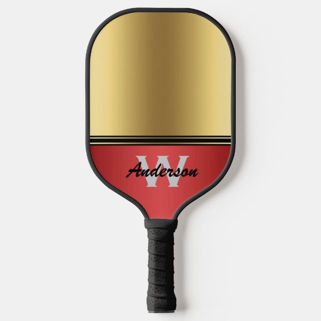 Ruby Red and Gold personalise Monogram & Name Pickleball Paddle (Front)