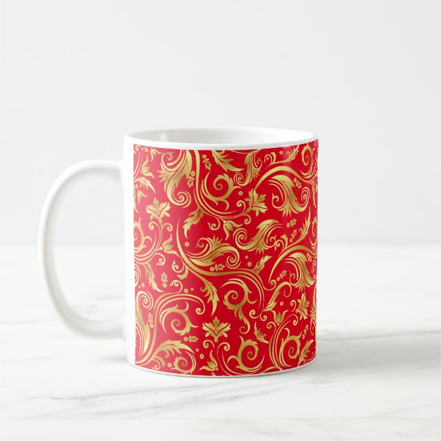 Ruby Red and Golden Scrollwork Coffee Mug (Left)