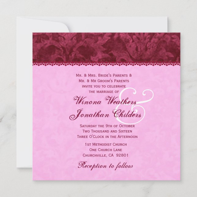 Ruby Red and Pink Damask Wedding Template V16 (Front)