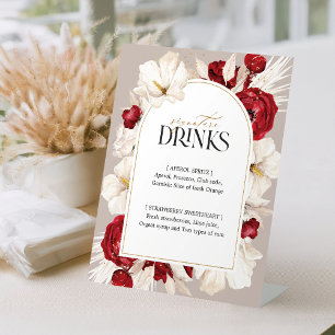 Ruby red and white floral wedding bar menu pedestal sign