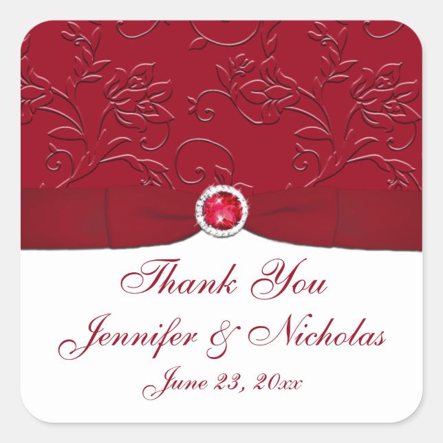 Ruby Red and White Floral Wedding Favour Sticker (Front)