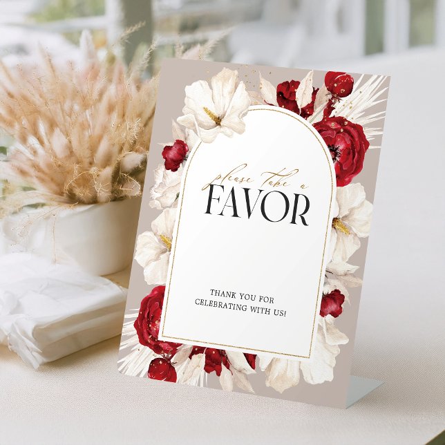 Ruby red and white floral wedding favours table pedestal sign (Creator Uploaded)
