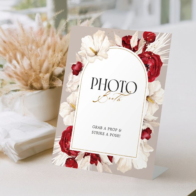 Ruby red and white floral wedding photo booth pedestal sign (Creator Uploaded)