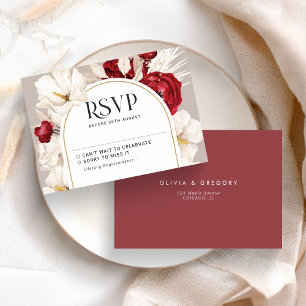 Ruby red and white floral wedding RSVP Card