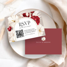 Ruby red and white floral wedding RSVP with QRcode