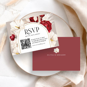 Ruby red and white floral wedding RSVP with QRcode Card