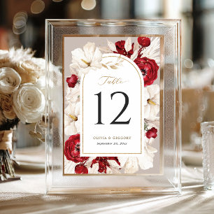 Ruby red and white floral wedding table number
