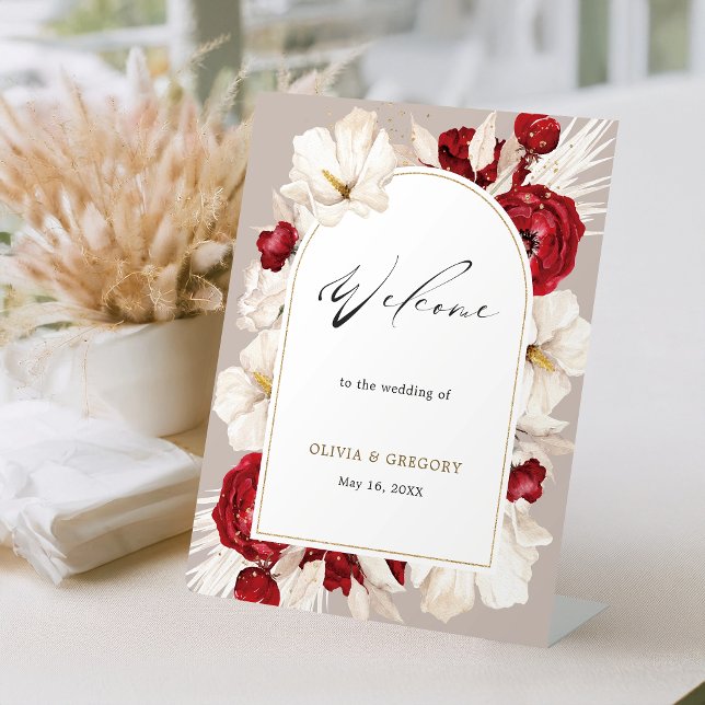 Ruby red and white floral wedding Welcome Pedestal Sign (Creator Uploaded)