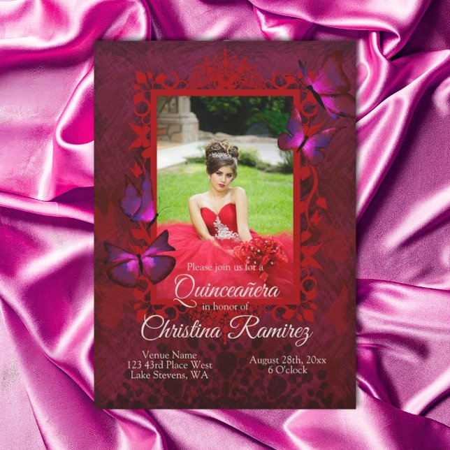 Ruby Red, Antique Butterfly Quinceanera Invitation (Fancy red and magenta pink quinceanera invitations)