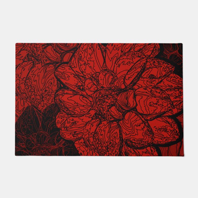 Ruby Red & Black Dahlia Floral Pattern Doormat (Front)