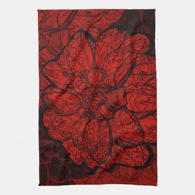 Ruby Red & Black Dahlia Floral Tea Towel (Vertical)