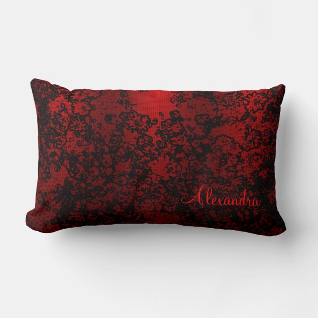 Ruby red black stylish floral vibrant elegant lumbar cushion (Front)