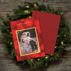 Ruby Red Bokeh Lights Faux Gold Happy Holidays Holiday Card