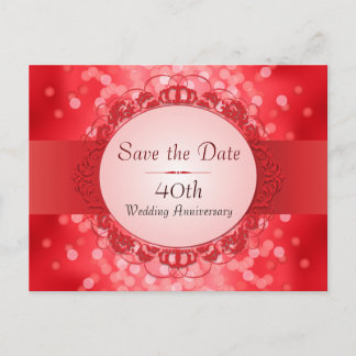 Ruby Red Bokeh Save the Date 40th Anniversary Announcement Postcard