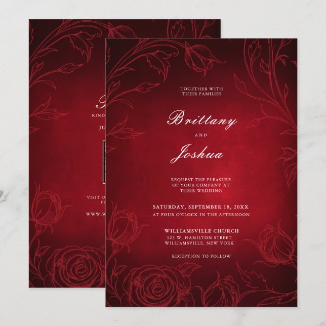 Ruby Red Botanical Rose Garden Wedding Invitation (Front/Back)