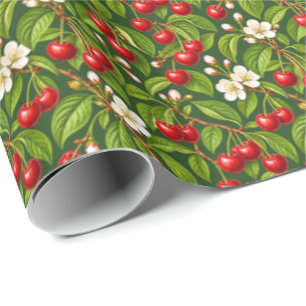 Ruby Red Cherries on Forest Green Wrapping Paper