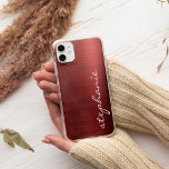 Ruby Red Faux Brushed Metal Case-Mate iPhone Case<br><div class="desc">This trendy phone case features a ruby red faux brushed metal foil background. Personalise it with your name in white handwriting-style brush script.</div>