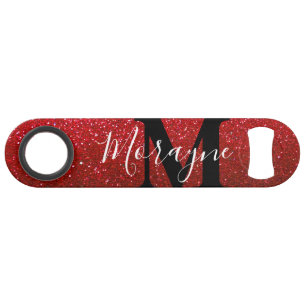 Ruby Red Faux Glitter Black White Monogram Name