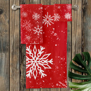 Ruby Red Festive Christmas White Snowflakes Bath Towel Set