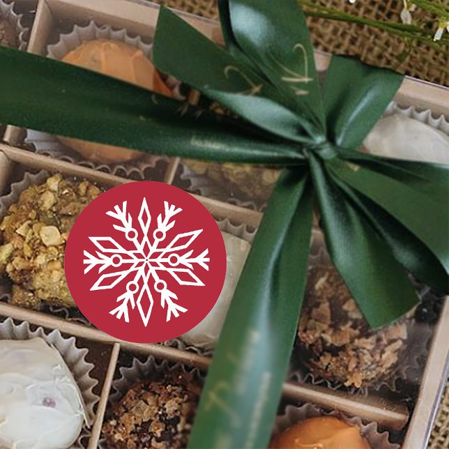 Ruby Red Festive Christmas White Snowflakes  Classic Round Sticker (Creator Uploaded)