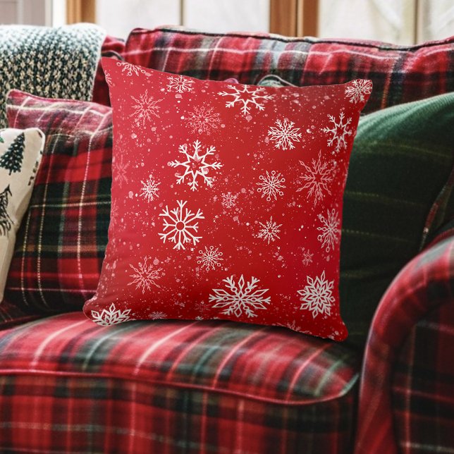 Ruby Red Festive Christmas White Snowflakes  Cushion (Creator Uploaded)