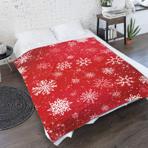 Ruby Red Festive Christmas White Snowflakes Fleece Blanket