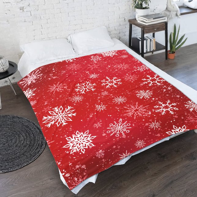 Ruby Red Festive Christmas White Snowflakes  Fleece Blanket (Creator Uploaded)