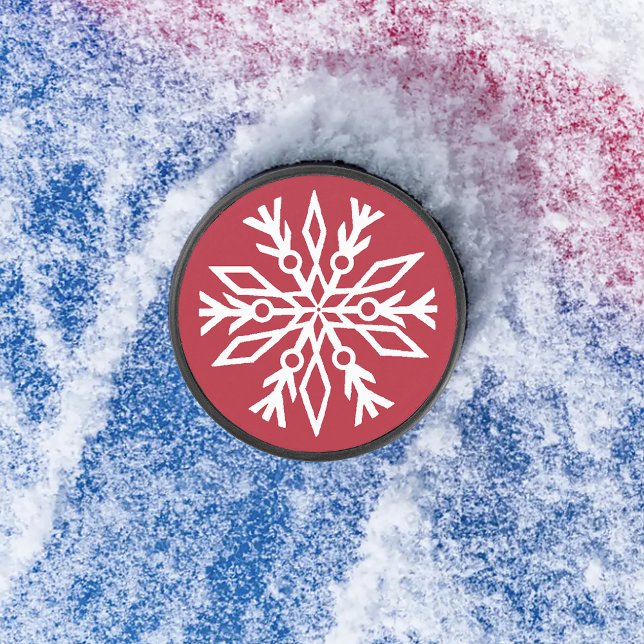 Ruby Red Festive Christmas White Snowflakes  Hockey Puck (Creator Uploaded)