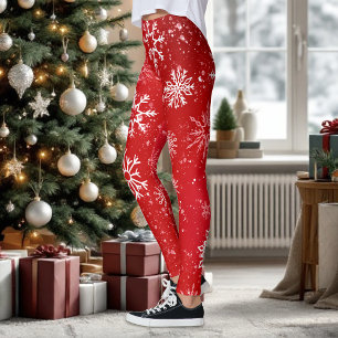 Ruby Red Festive Christmas White Snowflakes Leggings