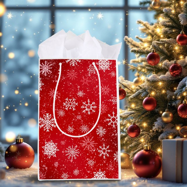 Ruby Red Festive Christmas White Snowflakes  Medium Gift Bag (Creator Uploaded)