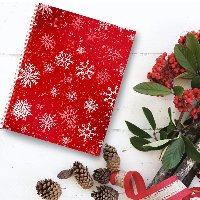 Ruby Red Festive Christmas White Snowflakes  Notebook (Creator Uploaded)