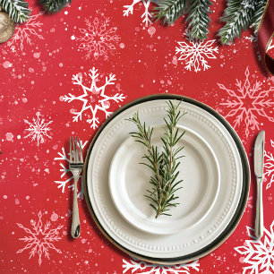 Ruby Red Festive Christmas White Snowflakes Tablecloth