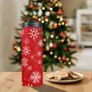 Ruby Red Festive Christmas White Snowflakes Thermal Tumbler