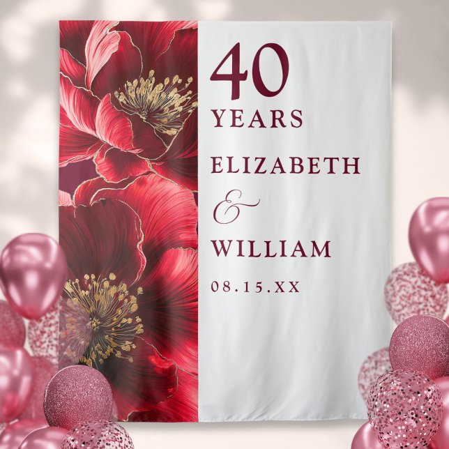 Ruby Red Floral 40th Anniversary Photo Backdrop Tapestry (Ruby Red Floral 40th Anniversary Photo Backdrop)