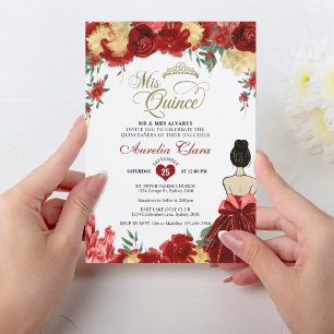 Ruby Red Floral Princess Mis Quince Quinceañera Invitation