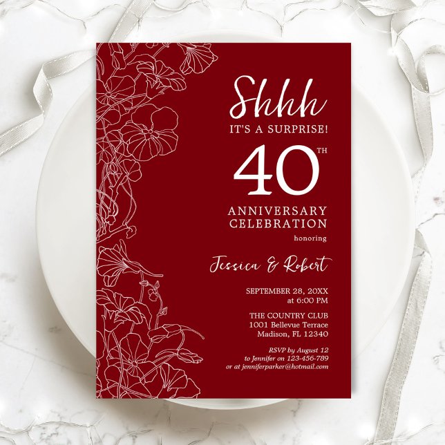 Ruby Red Floral Surprise 40th Anniversary Invitation (Creator Uploaded)