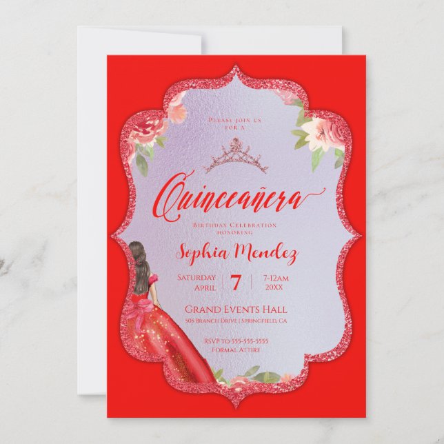 Ruby Red Floral Watercolor Quinceanera Invitation (Front)